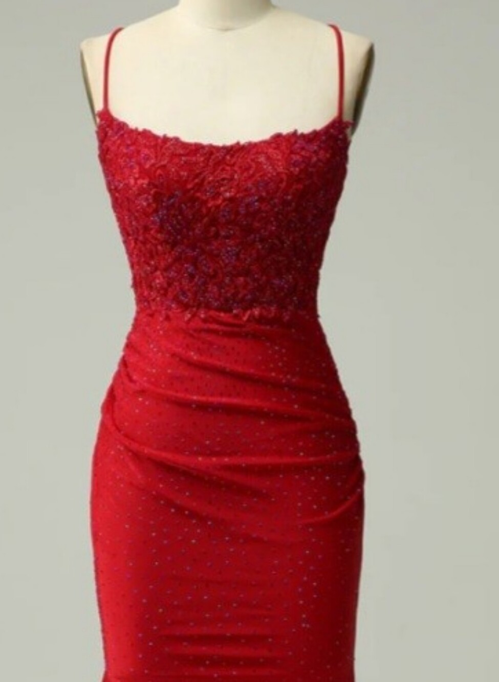 Red Beaded Spaghetti Strap Evening Dress